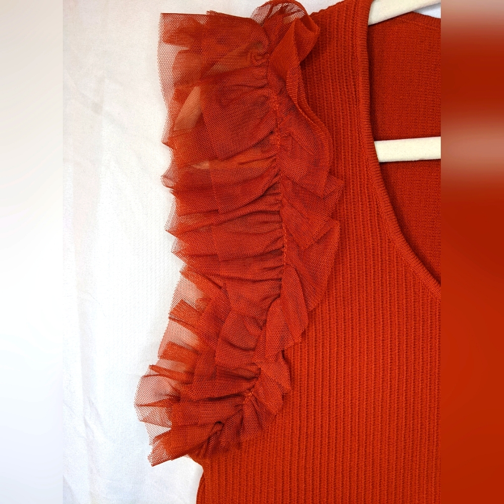 Bailey/44 Rust Ruffle Sleeved Ribbed Top, Large - Picture 4 of 9